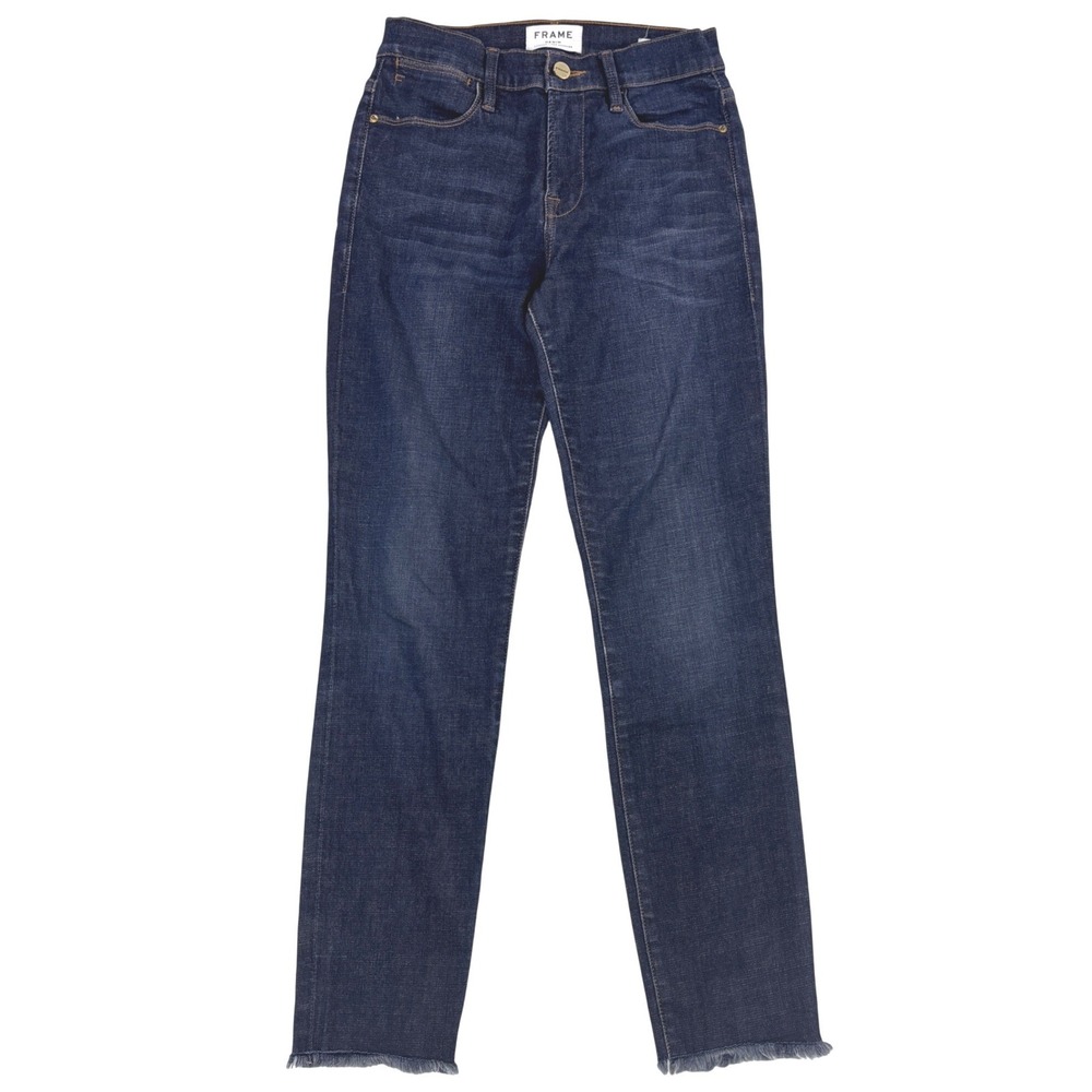 Frame Denim Le High Skinny Jeans Dark Wash Blue Raw Fringe Hem Size 26 High Rise